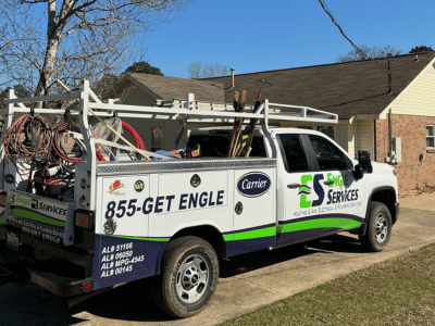 Engle Services trucks parked at a job site.